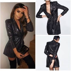 Zara Black Sequin Padded Shoulder Wrap Dress